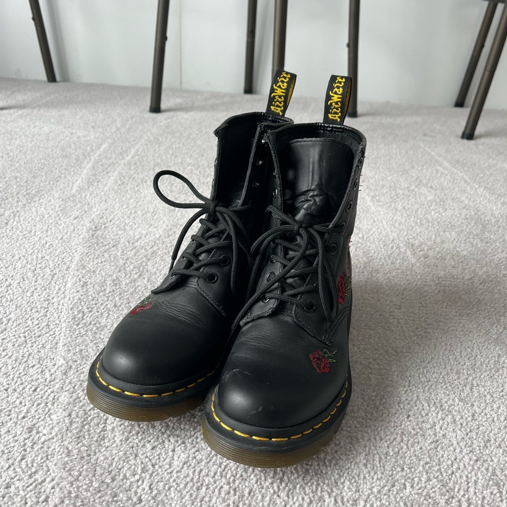 Dr. Martens Black Ankle Boots with Red Rose Embroidery - Picture 6 of 9